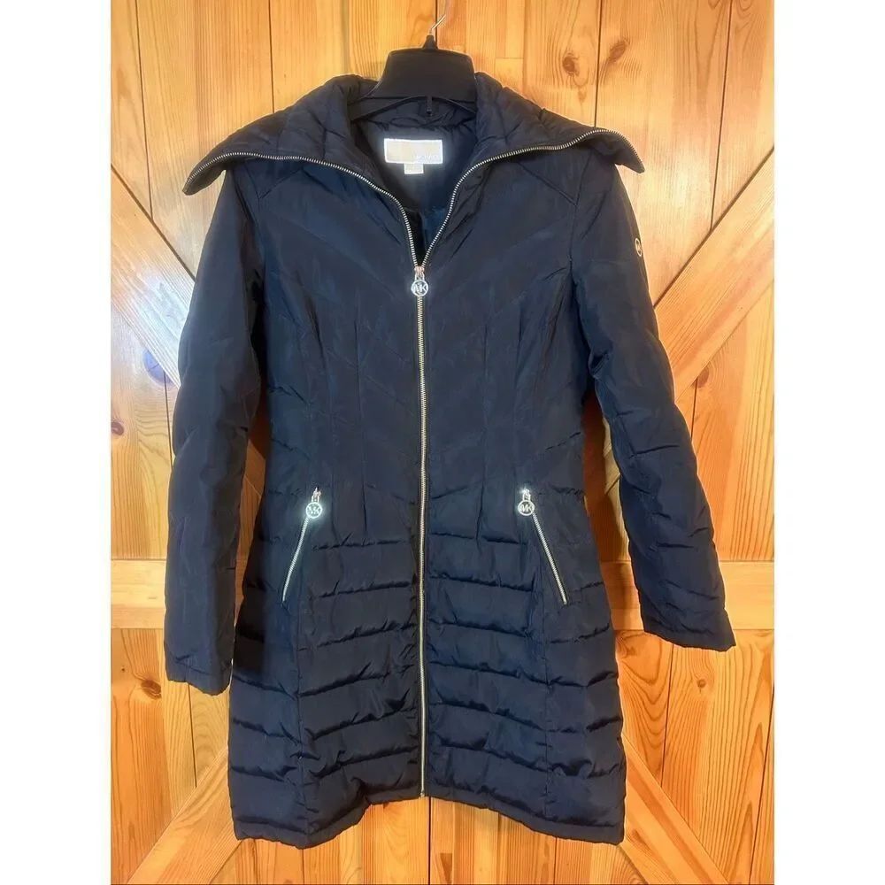 Michael Kors Long Down Quilted Puffer Jacket Tall Mock Neck Collar Size XS (5981